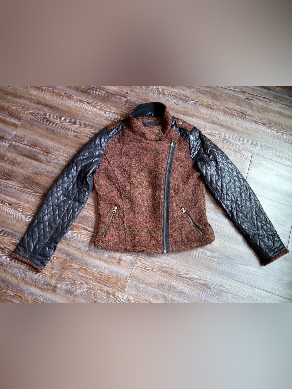 Yoki Womens M Rust Brown Tweed Moto Jacket Quilted Sleeves Mixed Media Asym Zip